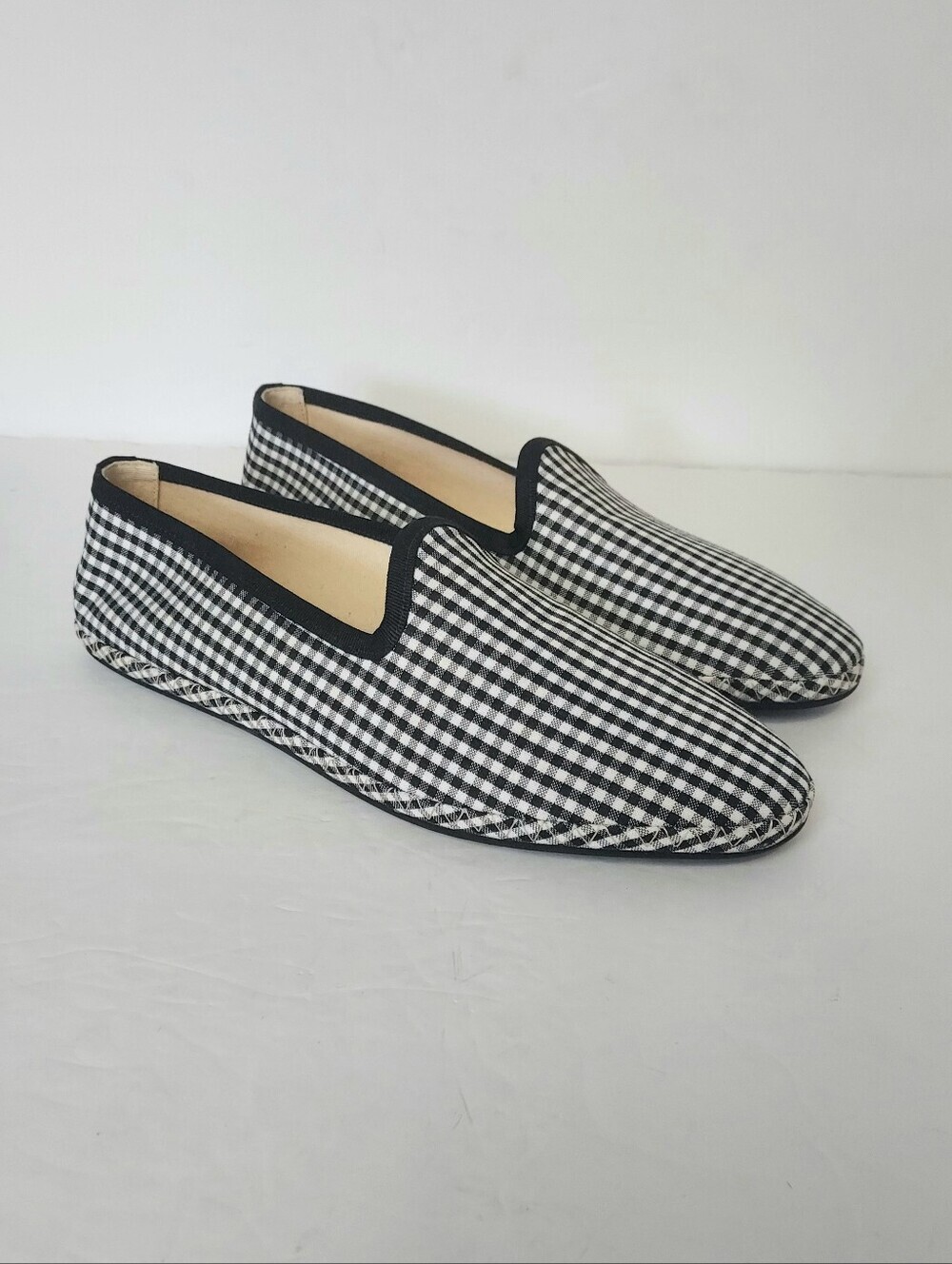 J. Crew Gingham Canvas Venetian Loafers Flats Black White  8.5